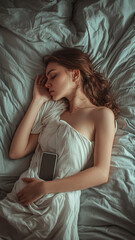 Naklejka premium A woman is sleeping on a bed with a cell phone in her hand