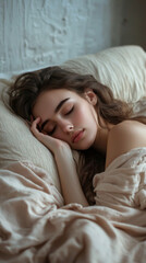 A woman is sleeping on a bed with a white pillow