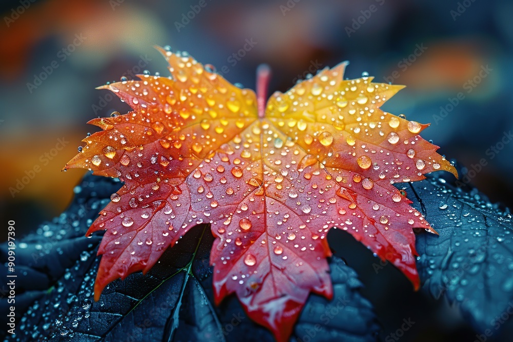 Poster Autumn Leaf with Dew Drops