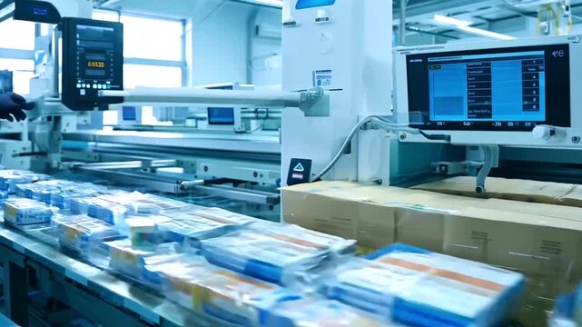 An automated production conveyor in a pharmaceutical factory, efficiently packaging and labeling various medicines for distribution
