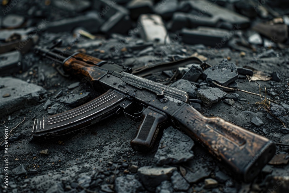 Poster a close-up image of an ak-47 rifle lying on the ground