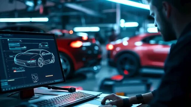 A service station worker using a computerized diagnostic tool on a vehicle