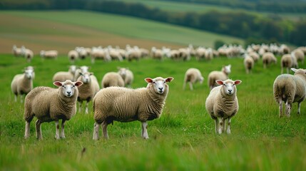 Fototapeta premium Flock of sheep grazing in a green field. AI generated.