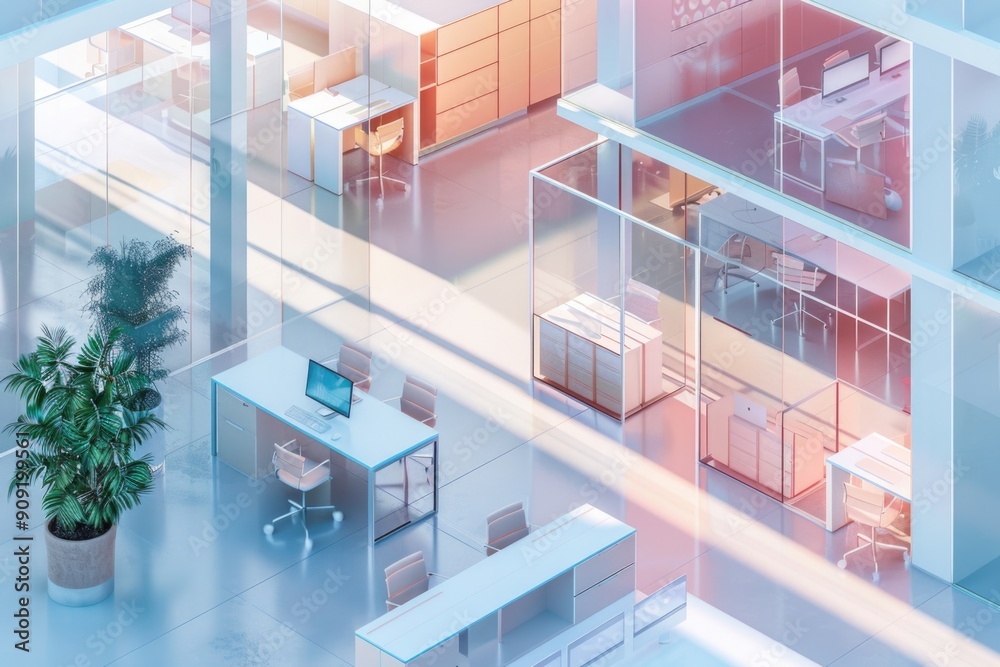 Poster a modern office setting with a single plant in the center of the room, providing a touch of nature a