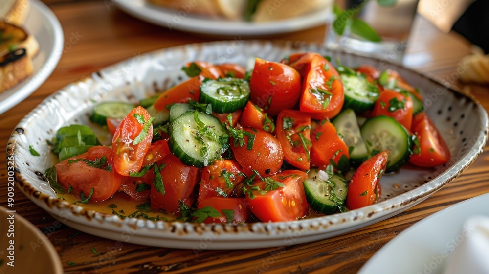 Poster A plate of sliced tomatoes and cucumbers arranged on a table, ready for serving or display
