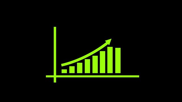 Green color business growth graph and upward arrow animation on the black background. Digital bar chart with growing business concept. Abstract background.