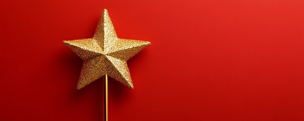 Golden glitter star decoration on red background, minimal festive concept