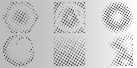 Set vector halftone hexagonal polka dots with geometric shapes.