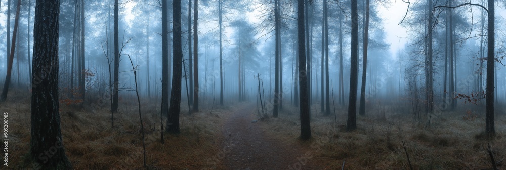 Wall mural a forest with a path through it. the trees are tall and the sky is cloudy