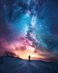 Fototapeta premium A breathtaking astrophotography scene featuring a person admiring a stunning starry sky with vibrant colors at dusk.