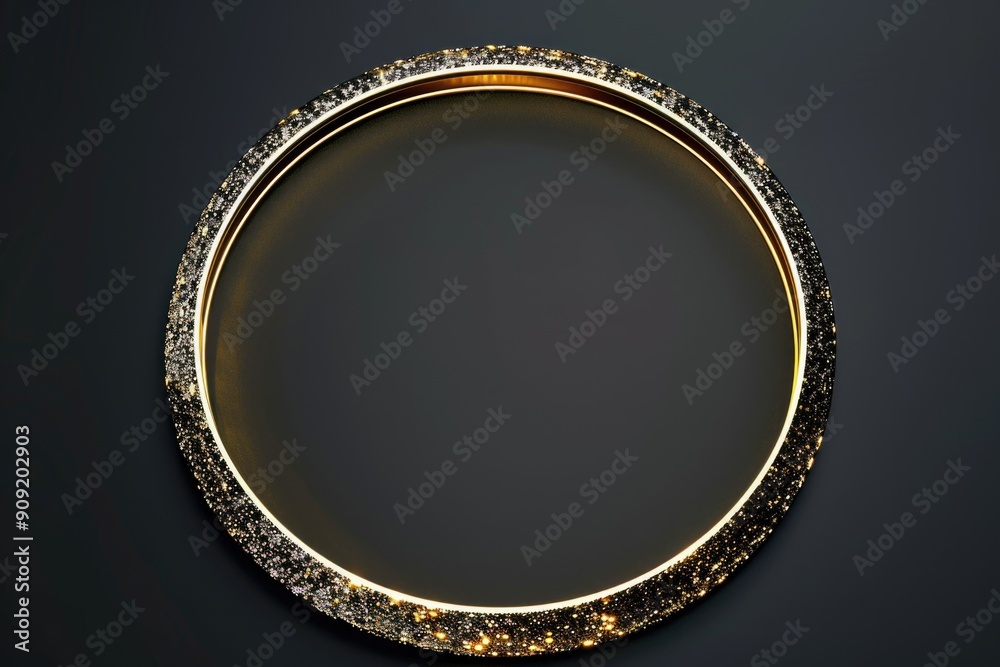 Poster a circular gold frame set against a dark backdrop