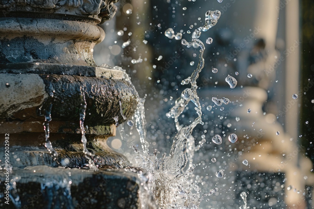Poster a close-up shot of a fountain with water flowing out, suitable for use in travel or architecture ima