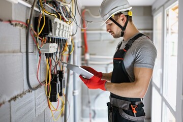 Electrician working on an electrical panel. He is using a digital tablet to check schematics. Industry job with safety gear. Professional and technical. Generated by artificial intelligence. AI