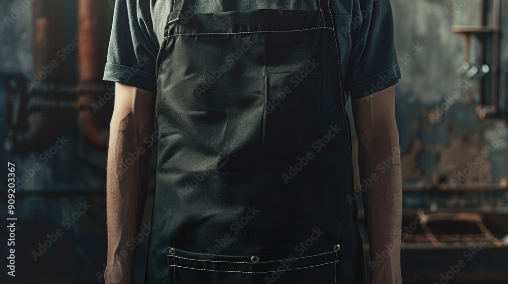 Poster a man in an apron stands in front of a wall, ready for work or project