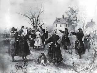 A vintage style illustration depicting the Salem Witch Trials with a raw, artistic touch.