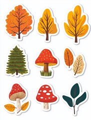 set of autumn stickers trees leaves and mushrooms on a white background. Colorful autumn illustrations of trees and mushrooms in various shapes colors