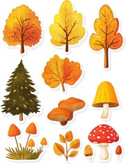 set of autumn stickers trees leaves and mushrooms on a white background. Colorful autumn illustrations of trees and mushrooms in various shapes colors