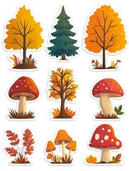 set of autumn stickers trees leaves and mushrooms on a white background. Colorful autumn illustrations of trees and mushrooms in various shapes colors