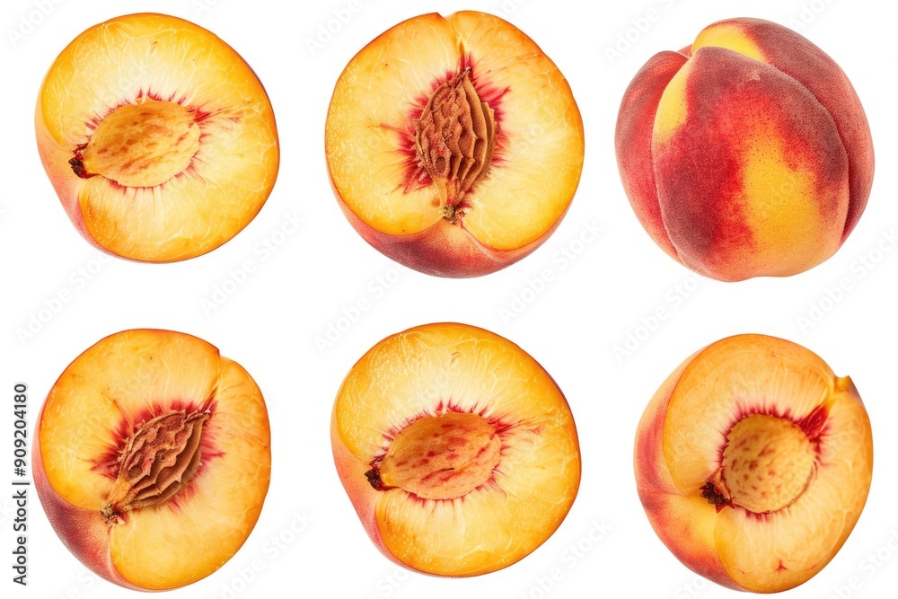 Poster fresh peach slices arranged on a white surface for photography or design
