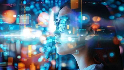 A woman is looking at a computer screen with a blue background. She is wearing glasses and has a serious expression on her face. Concept of focus and concentration as the woman stares at the screen - Powered by Adobe