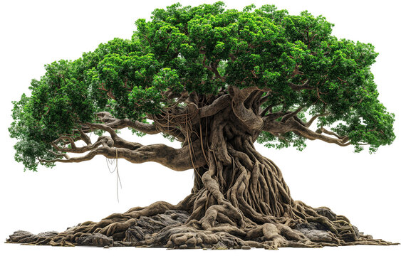 giant green ancient tree, big oak tree many roots under tree, sunny day, PNG transparent background	
