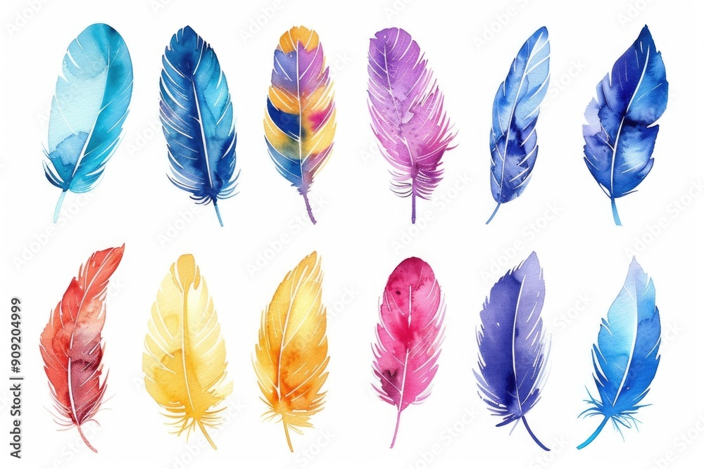 Poster A collection of vibrant feathers against a pure white backdrop, ideal for use in branding or design projects