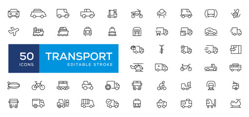 Travel and Transport line icon set. Containing car, bike, plane, train, bicycle, motorbike, bus and scooter icons. Transportation Simple line icon collections