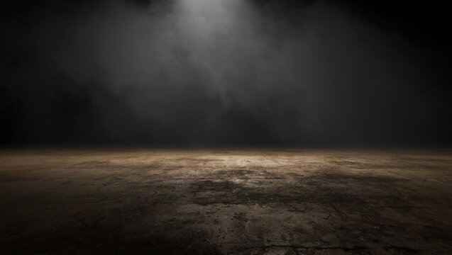 Eerie, foggy atmosphere on a grungy concrete floor with dramatic lighting.