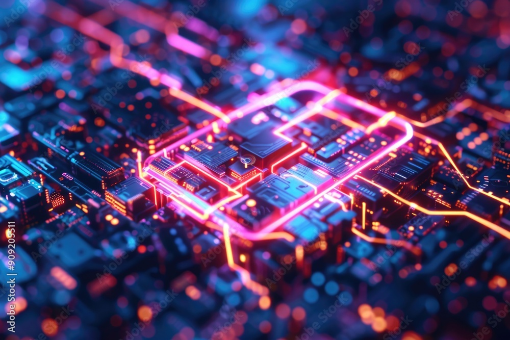 Poster a close-up view of a circuit board illuminated by bright neon lights