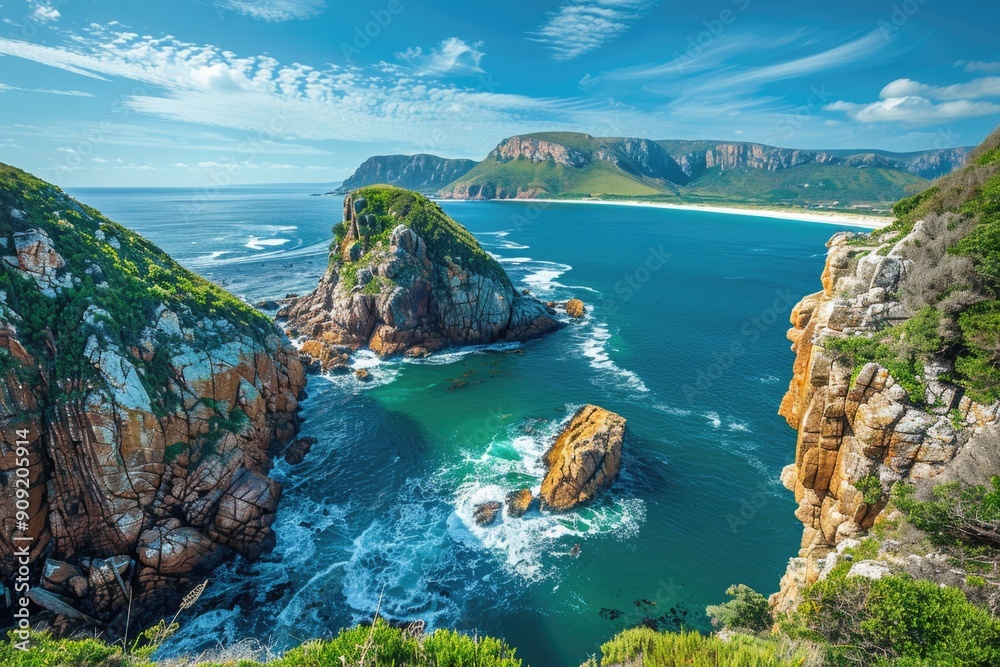 Poster panoramic view of the ocean from the top of a cliff, with waves crashing against the shore