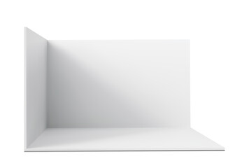 Vector 3D exhibition booth. Showroom. Square corner. Empty geometric square. Blank box template. White blank exhibition stand. Presentation event room.