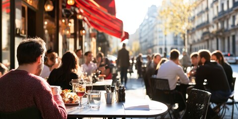  Parisian Cafe: A charming Parisian cafe bustling with life, capturing the essence of French culture with its outdoor seating, lively conversations, and the warm glow of the setting sun.  