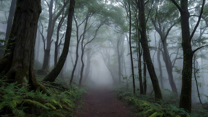 Naklejka premium A veil of mist hung low over the forest