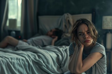 Obraz premium A woman sits on the edge of a bed, looking worried as a man lies asleep in the background. The mood is tense. The image is styled in a realistic and moody manner, suitable for stock photo use. AI.