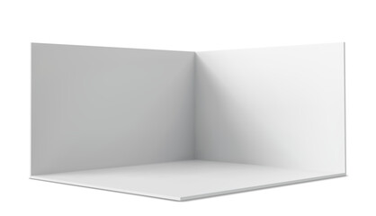 Vector 3D exhibition booth. Showroom. Square corner. Empty geometric square. Blank box template. White blank exhibition stand. Presentation event room.