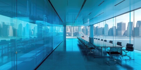Fototapeta premium Modern conference room with a city view, perfect for business meetings and presentations