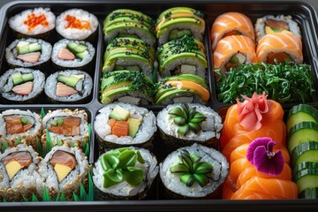 Various toppings of sushi in a box