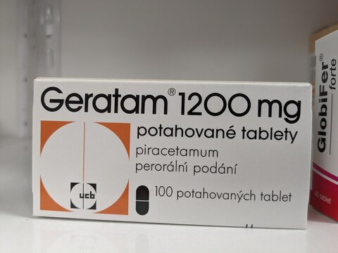 Prague, Czech Republic - July 13, 2024: GERATAM tablets with PIRACETAM active substance by UCB PHARMA, used as a cognitive enhancer.