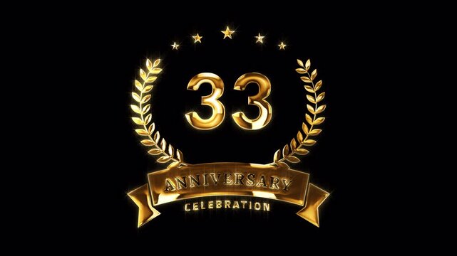 33rd Anniversary Celebration. Happy 33 Years Anniversary Animation in Gold Color on the Transparent Background, Alpha Channel. Great for greetings, celebrations, events, and gifts.