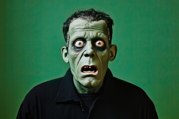 Shocked Surprised Halloween Frankenstein Monster on a Green Background with Space for Copy