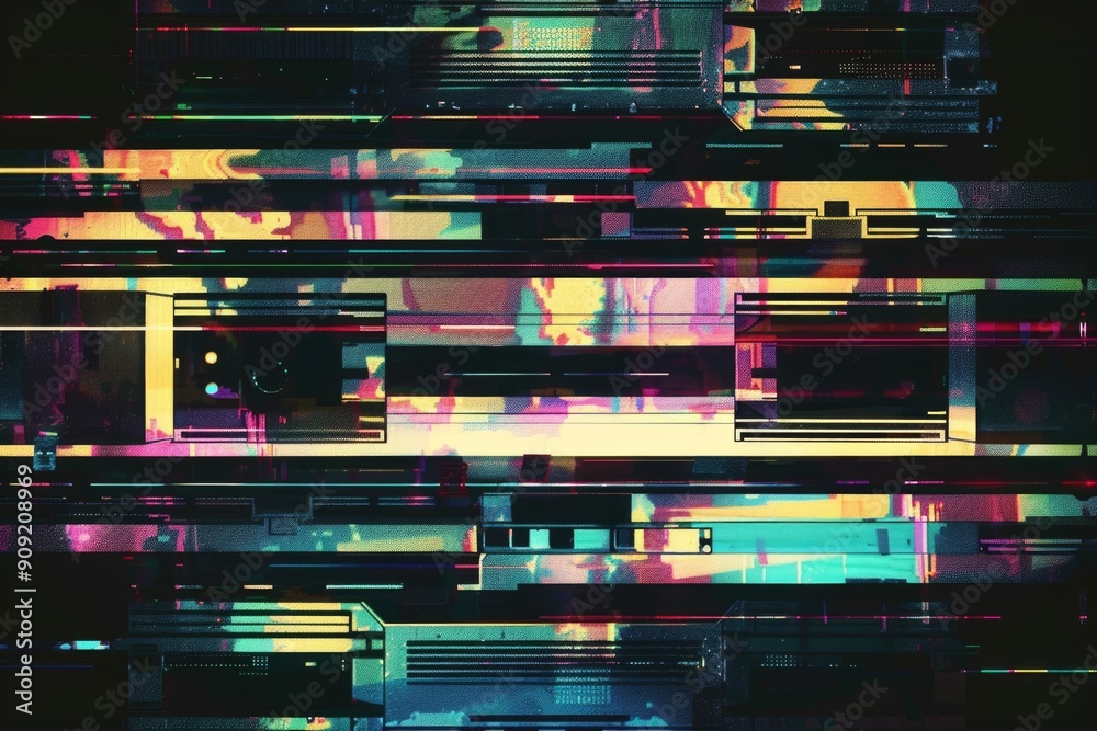Poster A close-up view of a TV screen displaying colorful lines, perfect for illustrating digital technology or retro themes