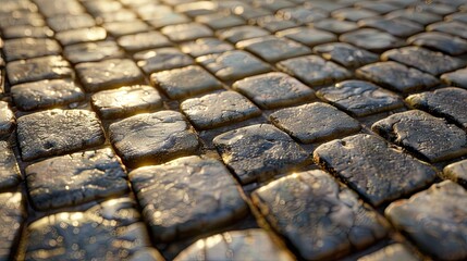 Processed stone paving stones. Natural granite stone for paving on a road in an old town. The sun...