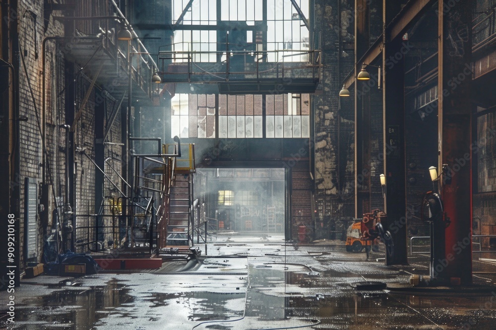 Poster A person working in an industrial setting near a fire hydrant, great for business or industry-related projects