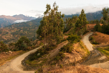 Montañas con arboles y carretera en una mañana lleno de nuebes