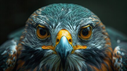   A bird of prey's close-up reveals its distinctive orange and black beak, yellow eyes, and contrasting black background