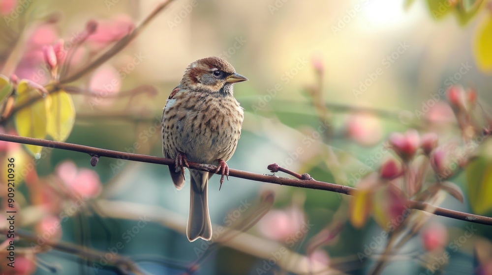 Poster a small bird sitting on a branch of a tree, looking around