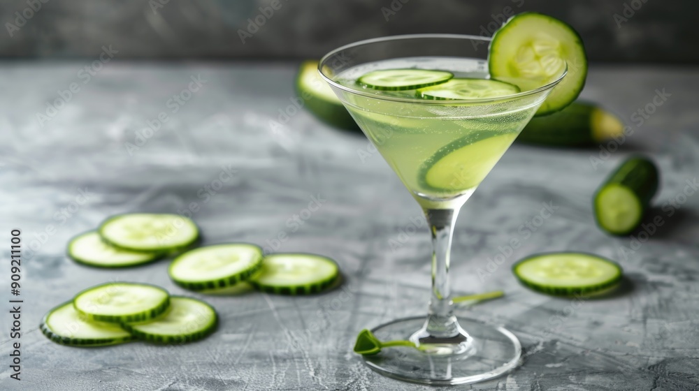 Poster A refreshing snack with a slice of cucumber and a glass filled with more