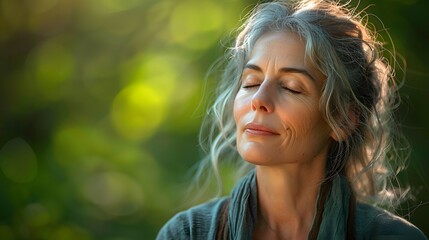 Naklejka premium A woman with gray hair is sitting in a green field, looking at the camera with a smile on her face