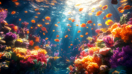 Fototapeta premium Vibrant underwater scene of a coral reef with colorful corals and fish. Ideal for marine life themes, ocean conservation, and nature backgrounds