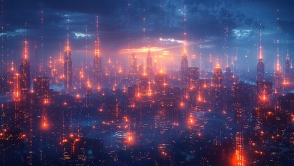 Naklejka premium Digital Cityscape at Sunset